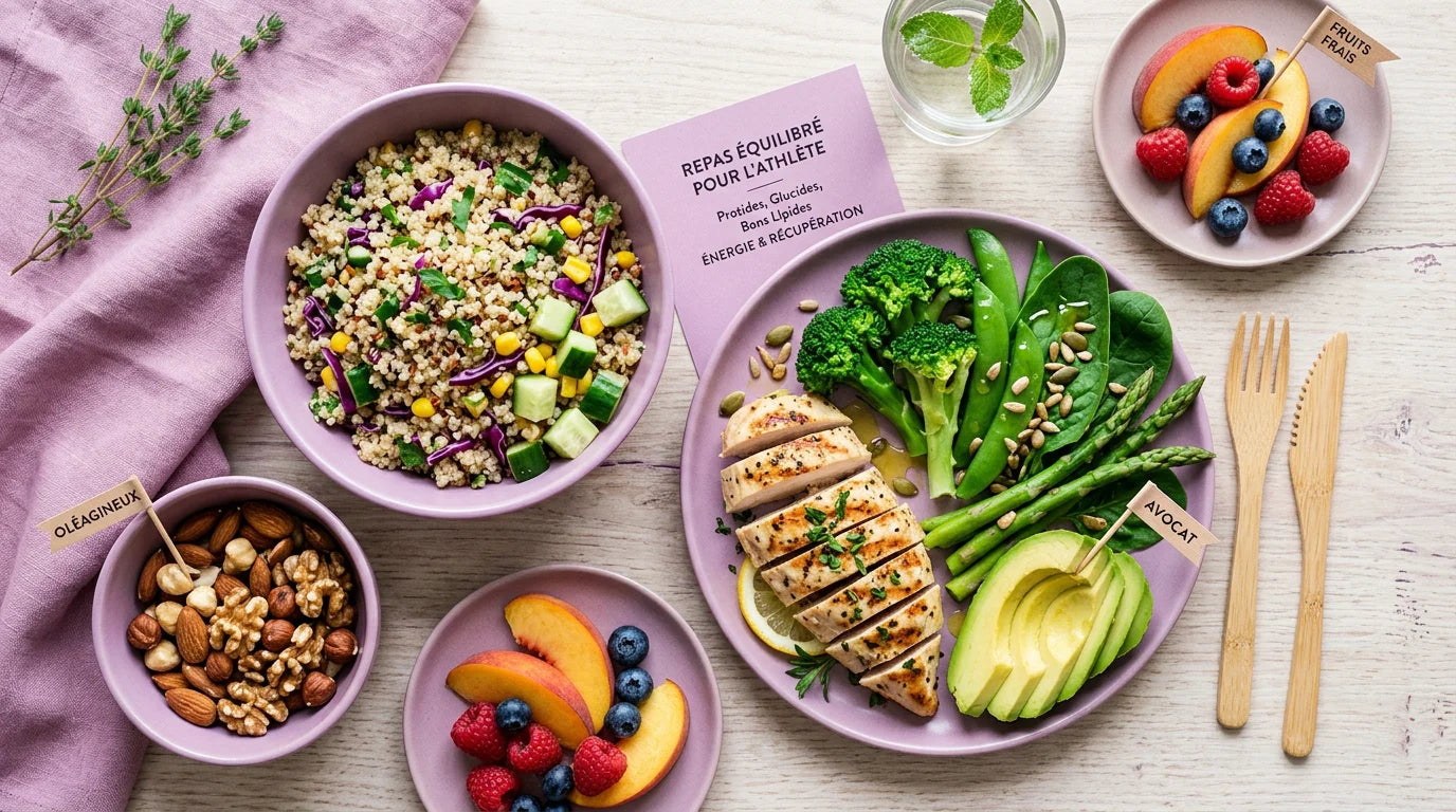 Repas équilibré complet pour sportif débutant présenté en flat lay