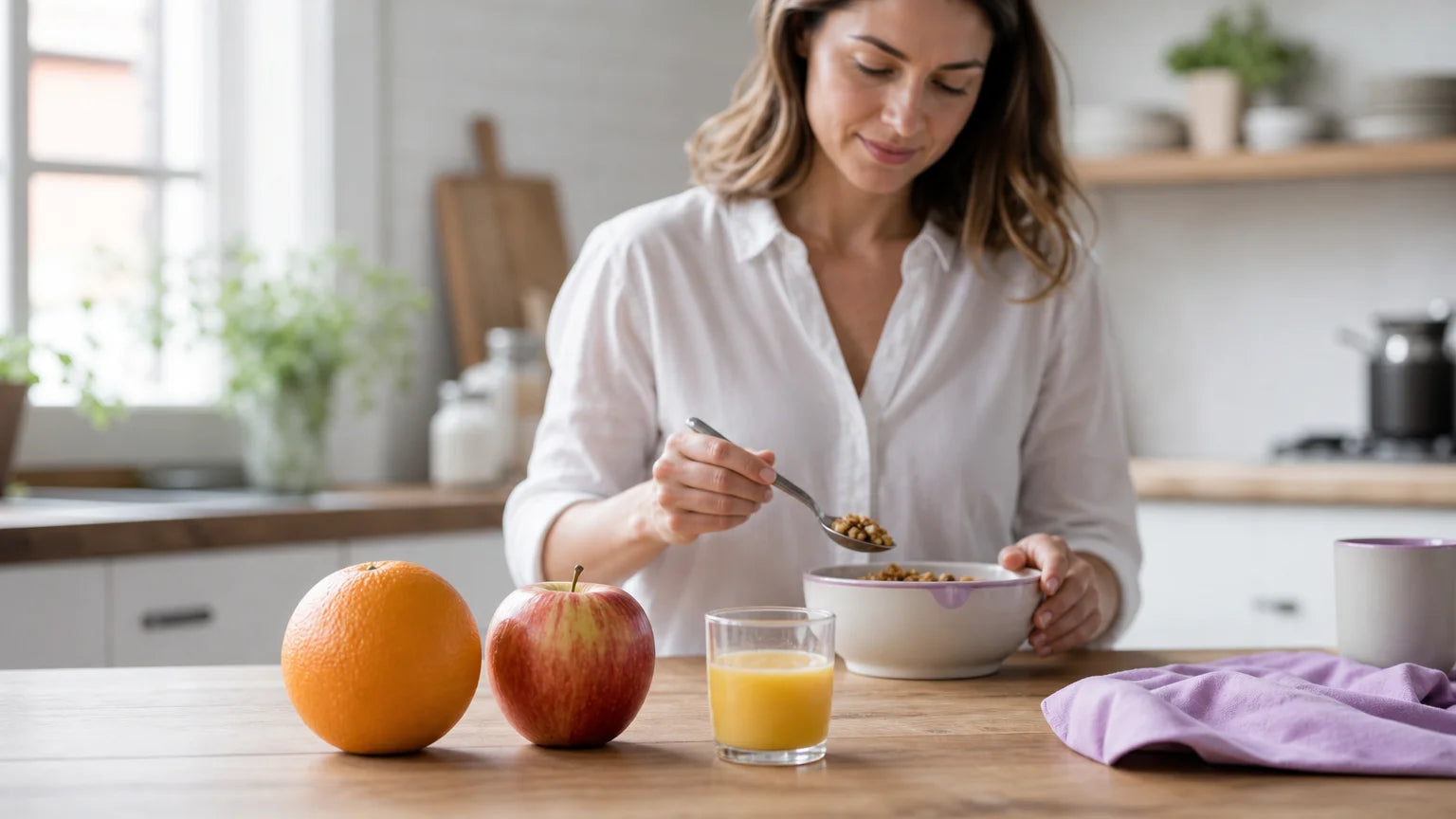 Une personne compare un fruit entier et un verre de jus au petit-déjeuner