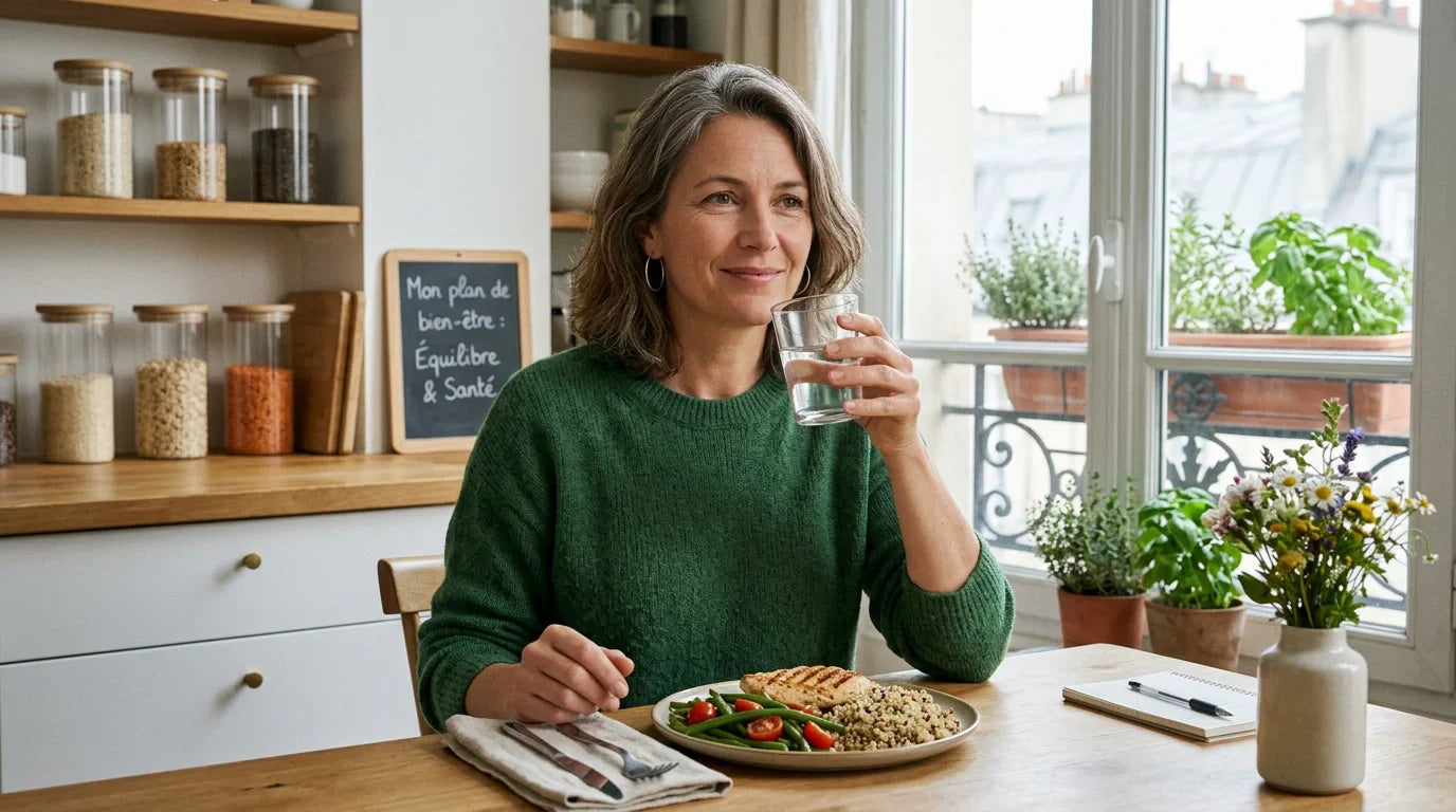 Femme sereine prenant un repas léger pendant un traitement GLP-1