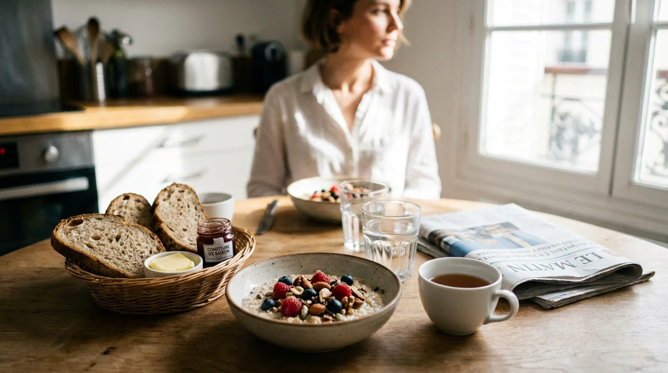Petit-déjeuner équilibré adapté au diabète avec flocons d'avoine, fruits et pain complet