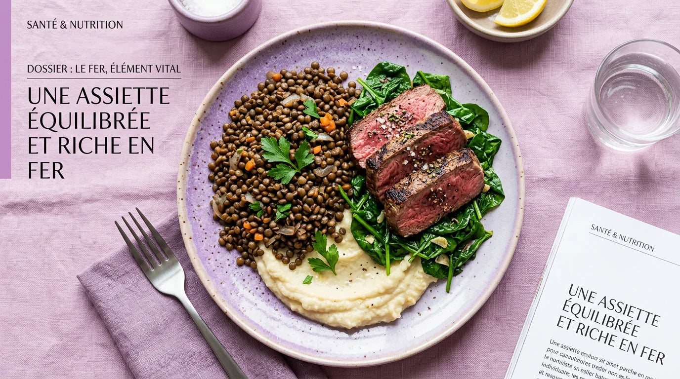 Assiette équilibrée d'aliments riches en fer sur fond aux tons violets