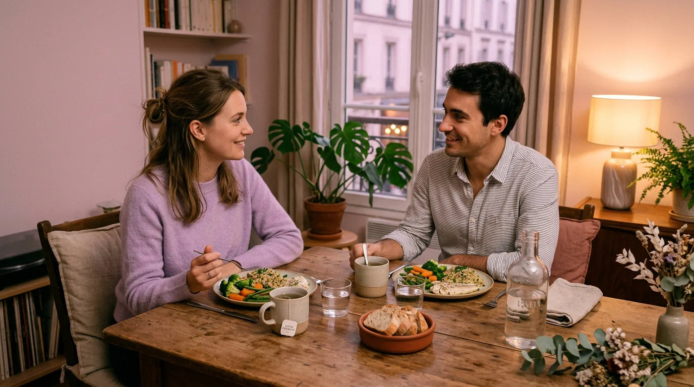 Couple partageant un dîner équilibré le soir pour bien dormir