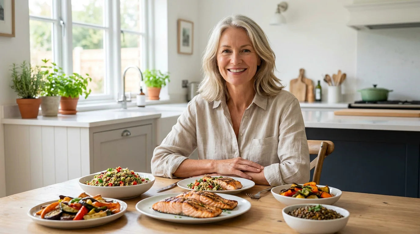 Femme de 50 ans devant un repas équilibré pour accompagner la perte de poids à la ménopause