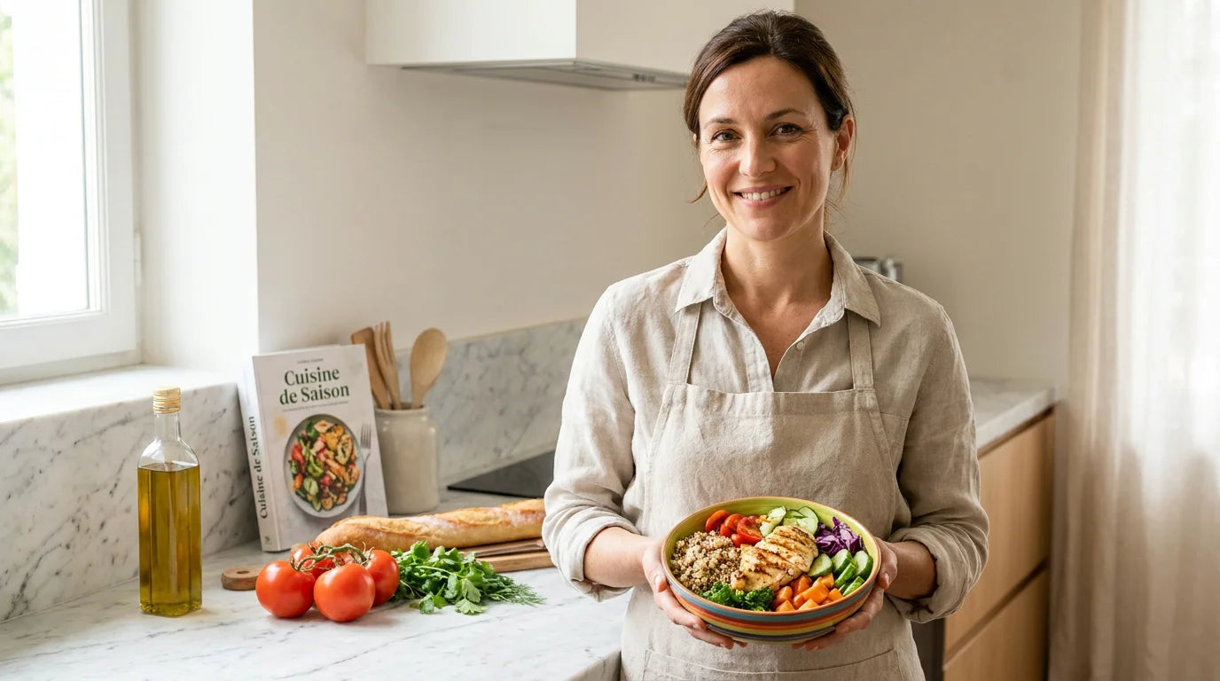 Personne tenant un bol de repas équilibré dans une cuisine moderne pour illustrer un programme minceur