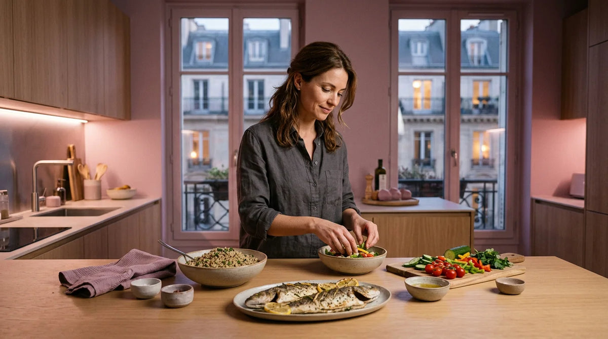 Femme préparant un dîner minceur léger et équilibré dans une cuisine moderne