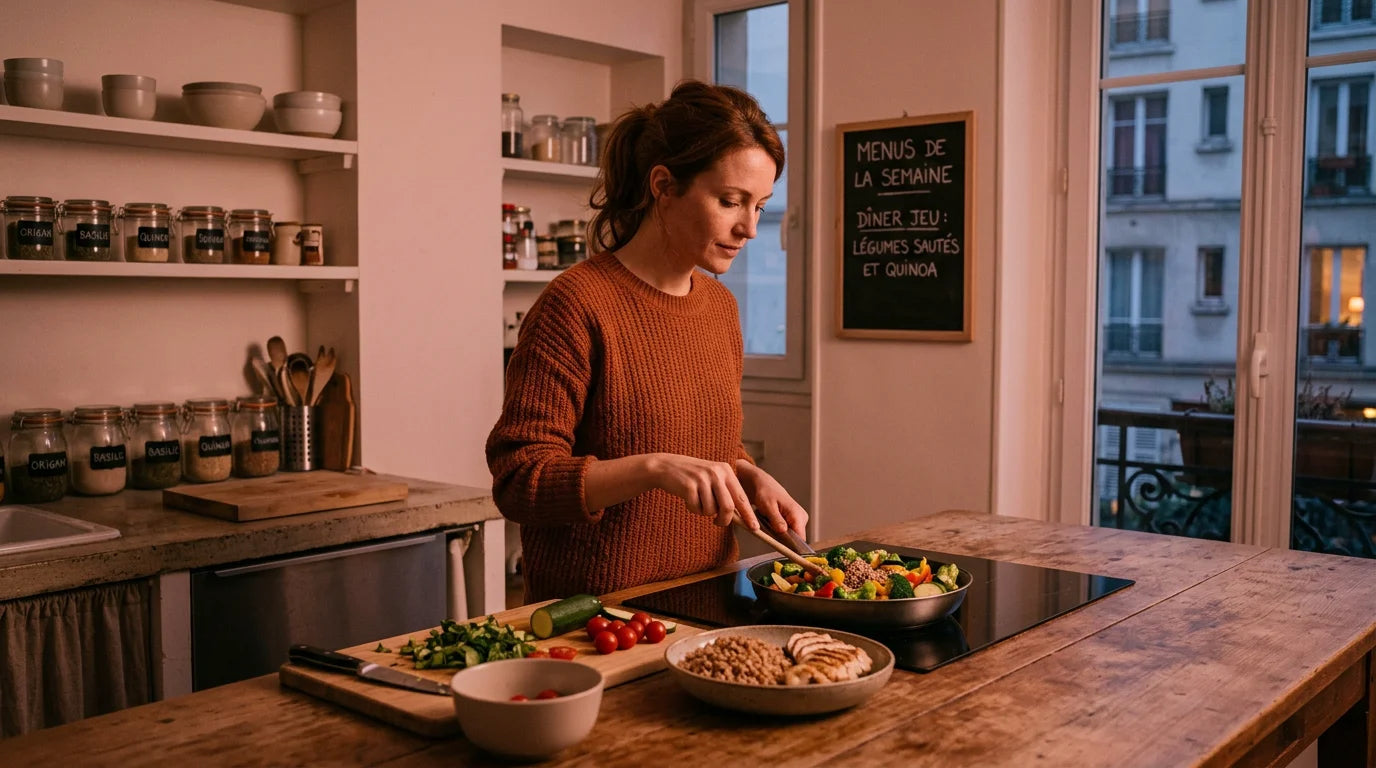 Femme européenne préparant un dîner équilibré en fin de journée