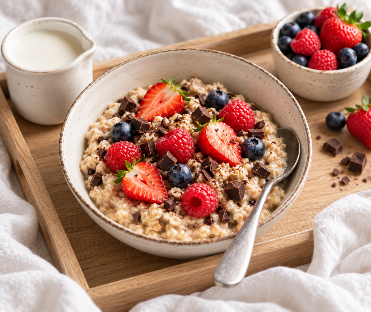 Porridge crémeuse aux flocons d'avoine fruits rouges et chocolat
