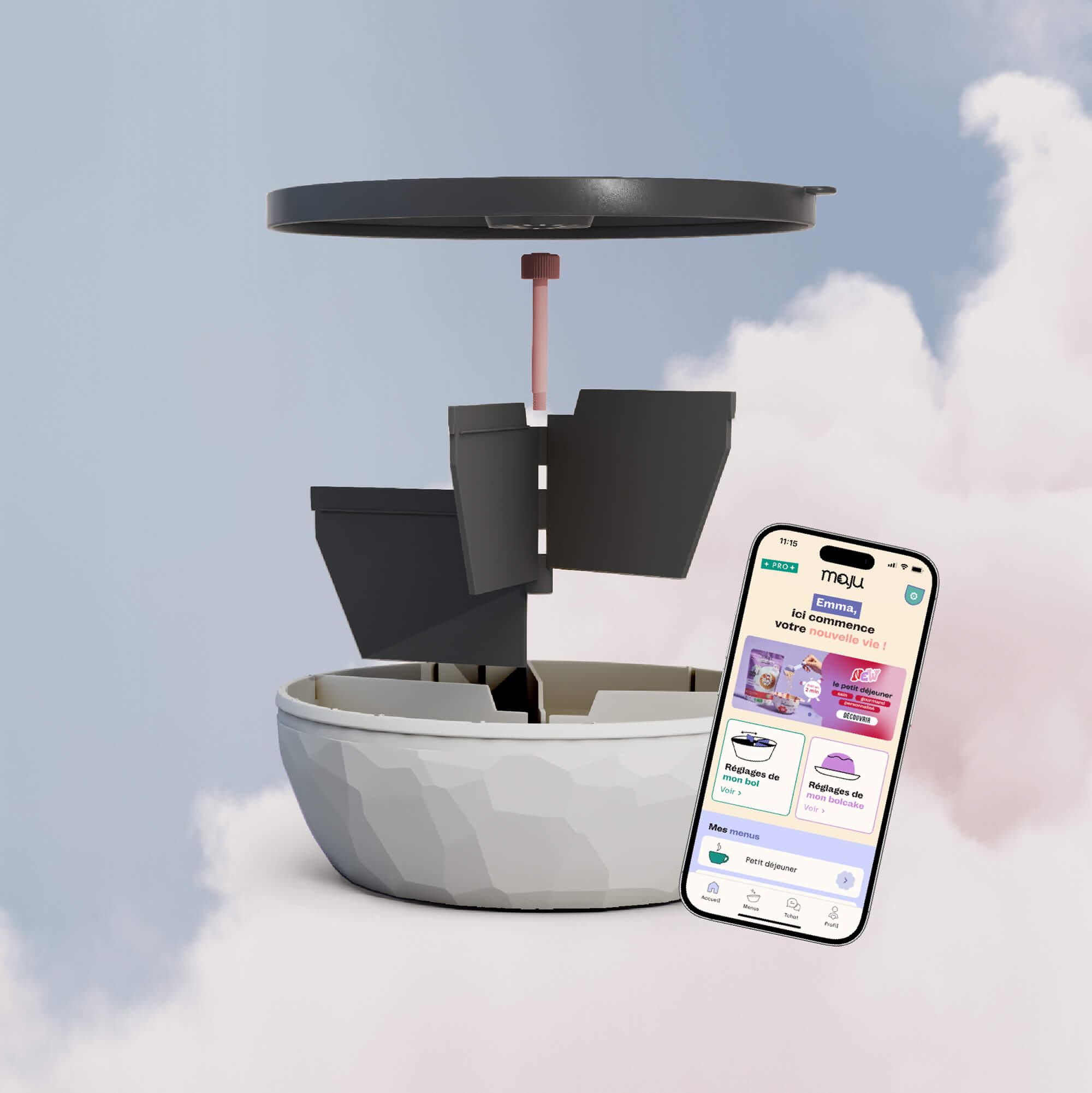 Bol de couleur blanc présenté sur une vue éclatée de tous les éléments, avec un téléphone en 3D montrant l'application maju. [Anthracite et blanc]
[template:bol-maju]