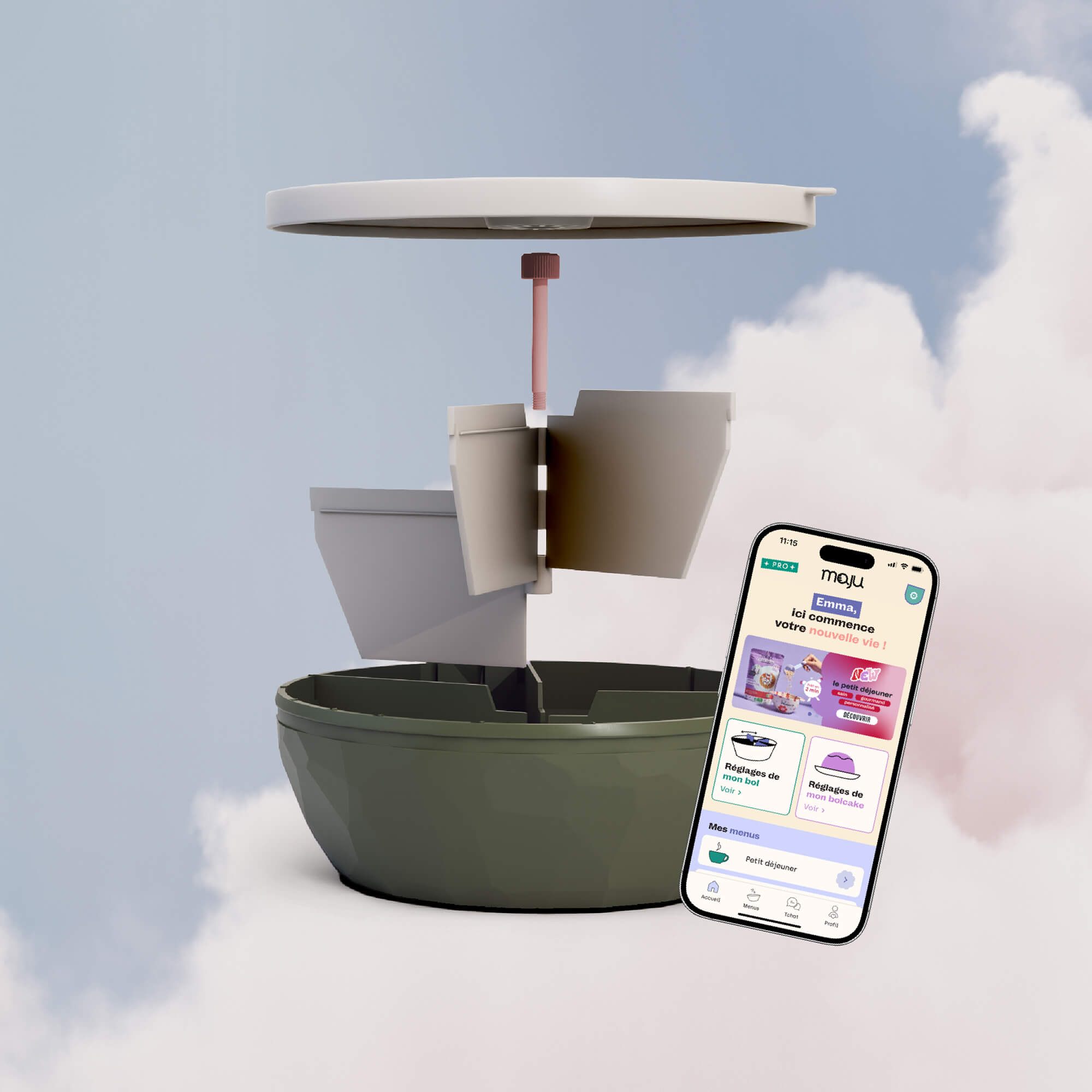 Bol de couleur kaki présenté sur une vue éclatée de tous les éléments, avec un téléphone en 3D montrant l'application maju. 
