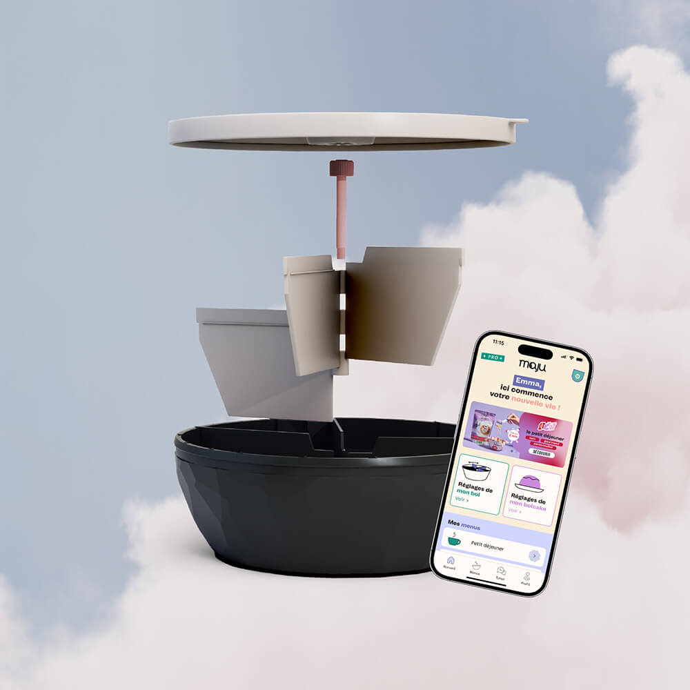 Bol de couleur noir présenté sur une vue éclatée de tous les éléments, avec un téléphone en 3D montrant l'application maju. 

