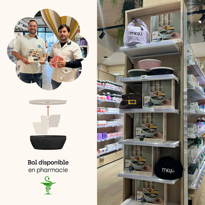 Photo illustrant le bol maju en pharmacie. 
[Crème et noir]
[Crème et noir / Violet][Crème et noir / Beige]
[Crème et noir / Crème][Crème et noir / Noir]
[template:bol-maju]