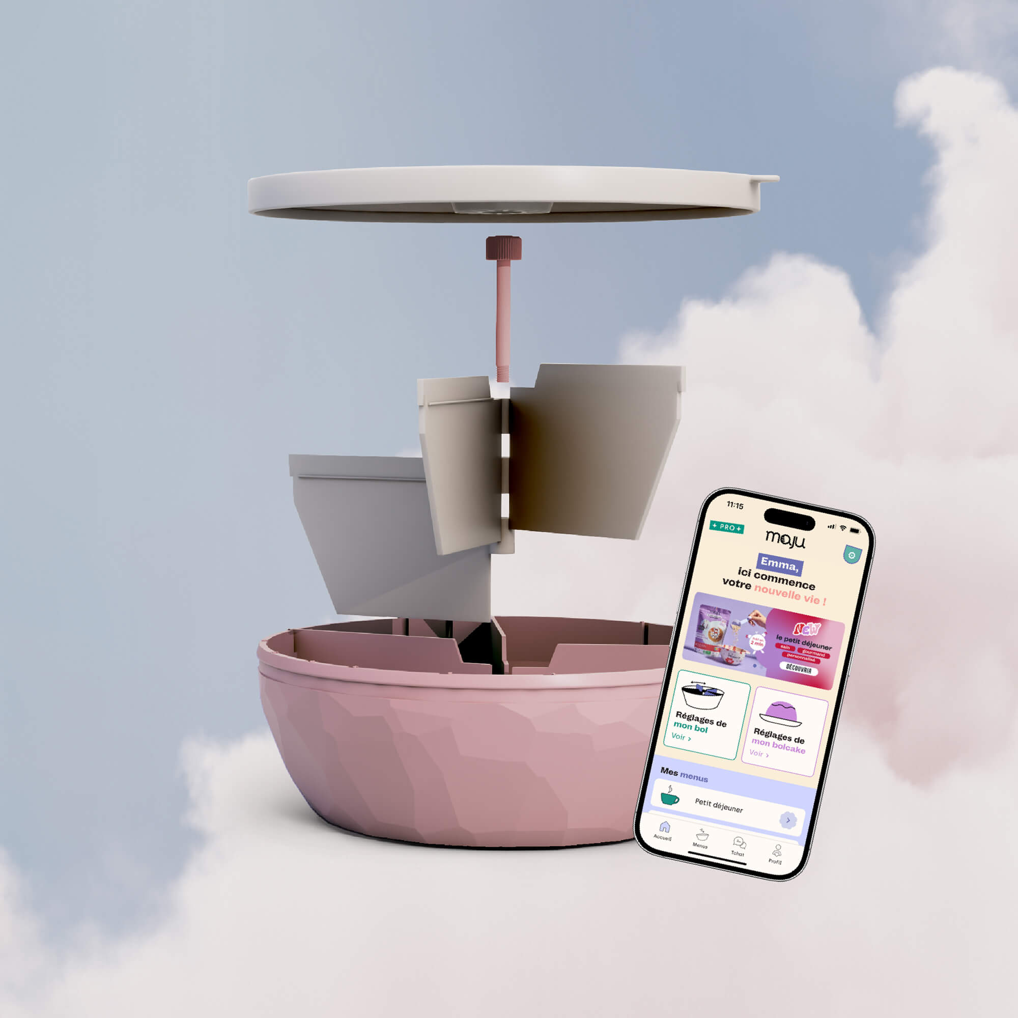 Bol de couleur rose présenté sur une vue éclatée de tous les éléments, avec un téléphone en 3D montrant l'application maju. 
