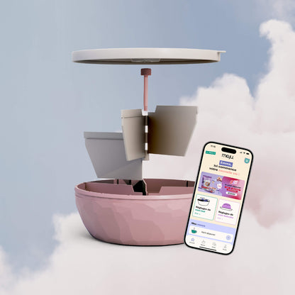 Bol de couleur rose présenté sur une vue éclatée de tous les éléments, avec un téléphone en 3D montrant l'application maju. [Crème et rose]
[template:bol-maju]
