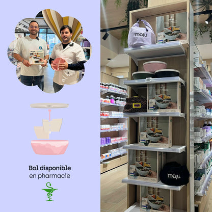 Photo illustrant le bol maju en pharmacie. 
[Crème et rose]
[Crème et rose / Violet][Crème et rose / Beige]
[Crème et rose / Crème][Crème et rose / Noir]
[template:bol-maju]