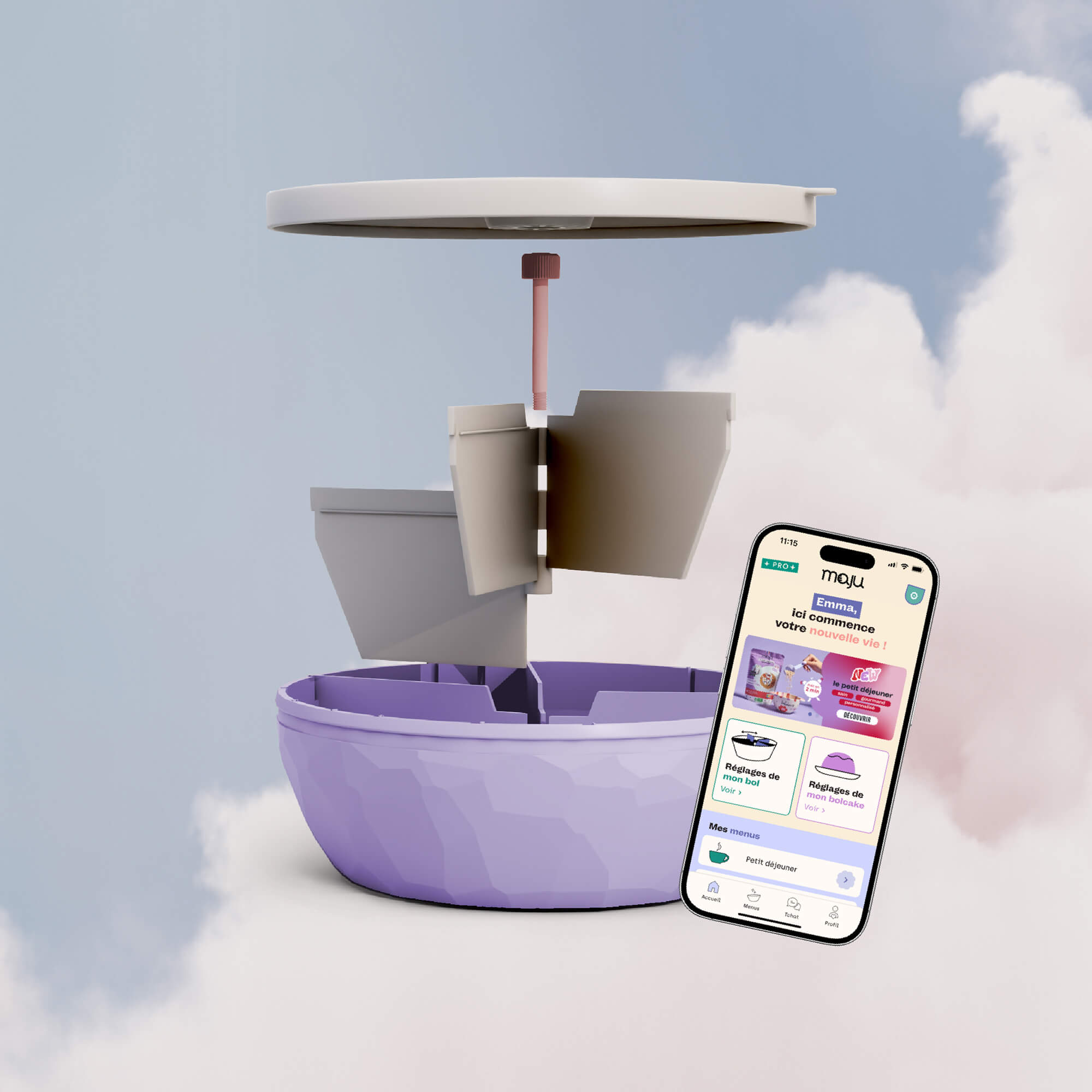 Bol de couleur violet présenté sur une vue éclatée de tous les éléments, avec un téléphone en 3D montrant l'application maju. 
