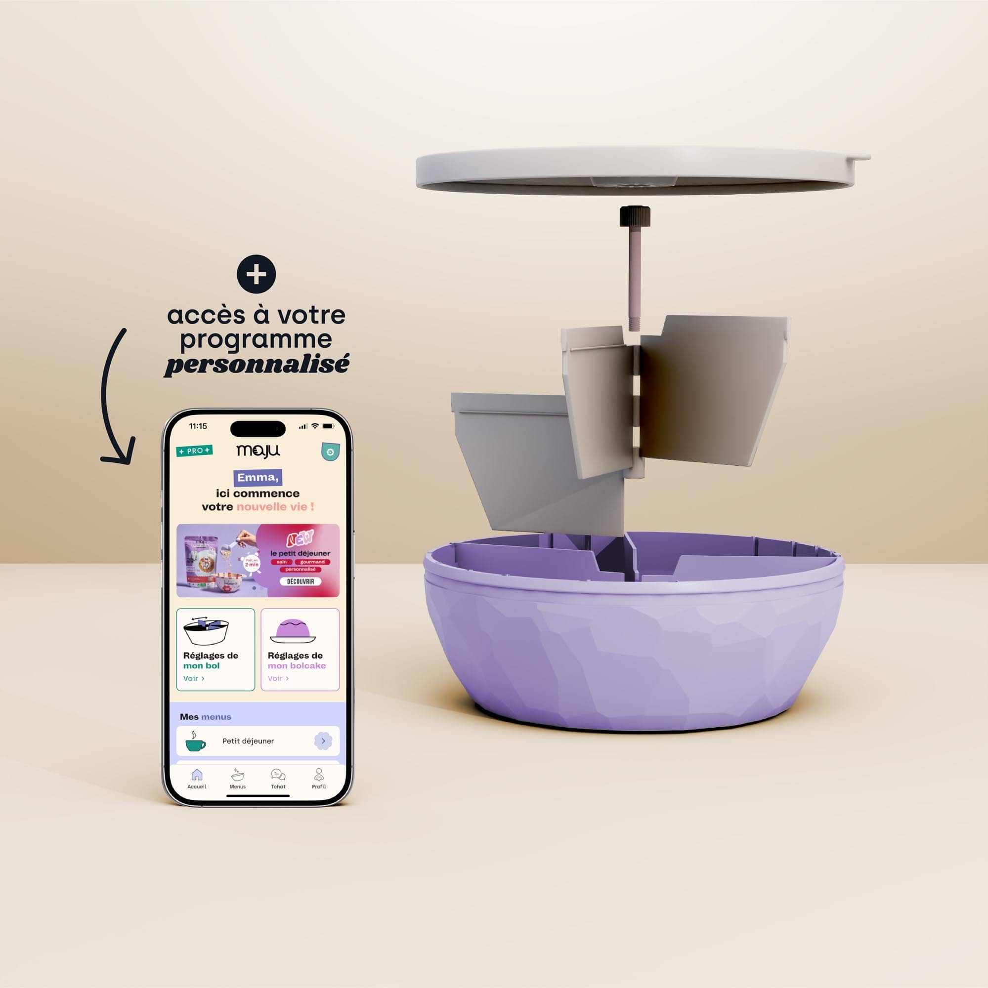 Bol de couleur violet présenté sur une vue éclatée de tous les éléments, avec un téléphone en 3D montrant l'application maju. 
