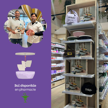 Photo illustrant le bol maju en pharmacie. 
[Crème et violet]
[Crème et violet / Violet][Crème et violet / Beige]
[Crème et violet / Crème][Crème et violet / Noir]
[template:bol-maju]

[Crème et violet / Crème / Choco noisettes][Crème et violet / Noir / Choco noisettes][Crème et violet / Violet / Choco noisettes][Crème et violet / Crème / Fruits rouges][Crème et violet / Noir / Fruits rouges][Crème et violet / Violet / Fruits rouges]