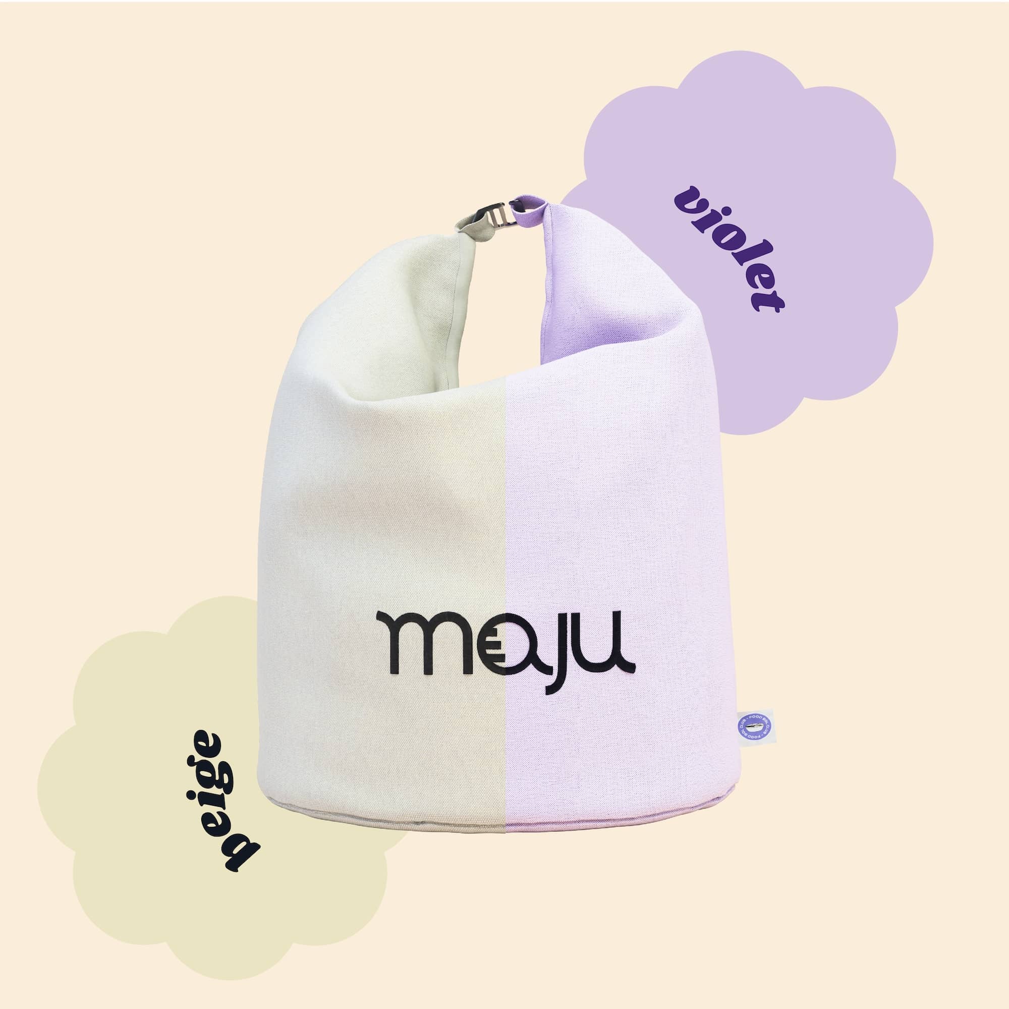 Sac isotherme maju à moitié de couleur beige et à moitié de couleur violet.