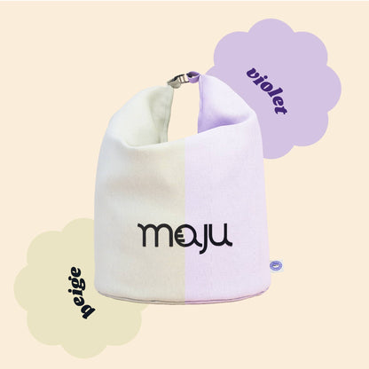 Sac isotherme maju à moitié de couleur beige et à moitié de couleur violet.
