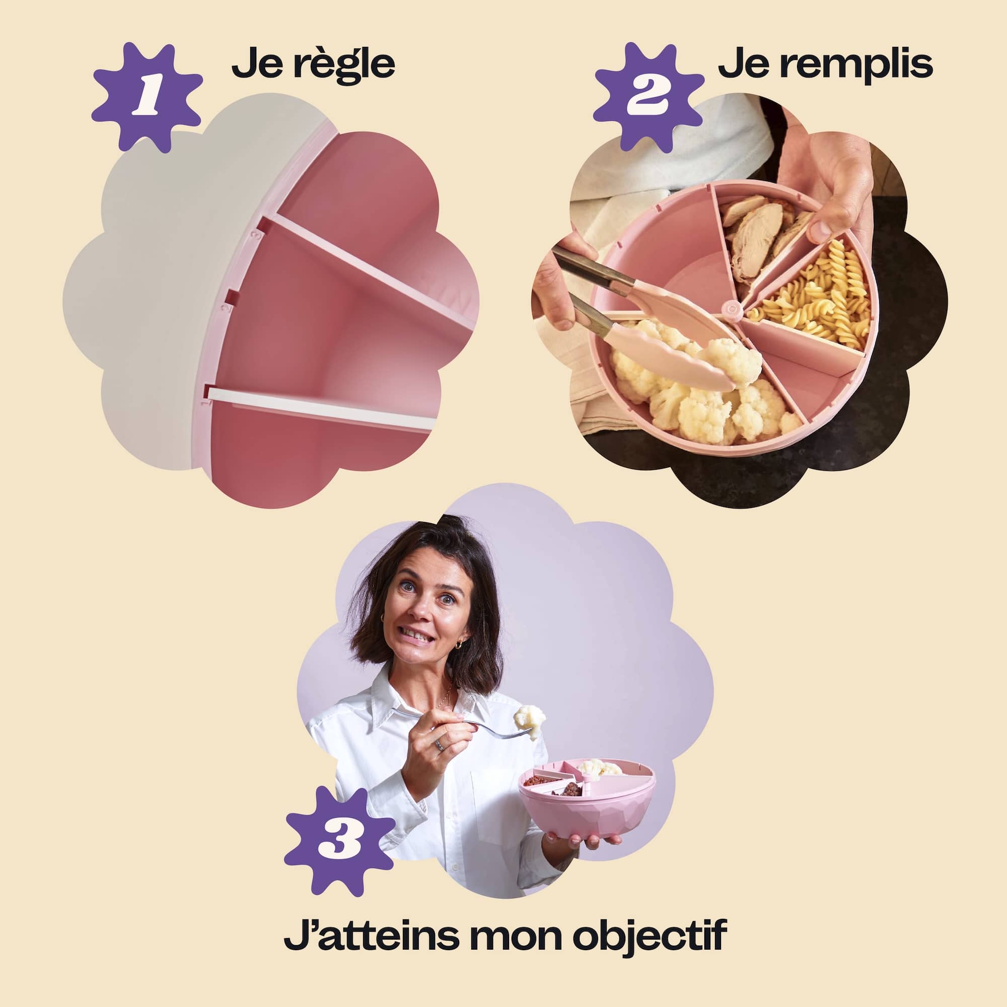 Les simples étapes pour utiliser le bol maju rose : régler son bol, le remplir, et c'est tout. 



