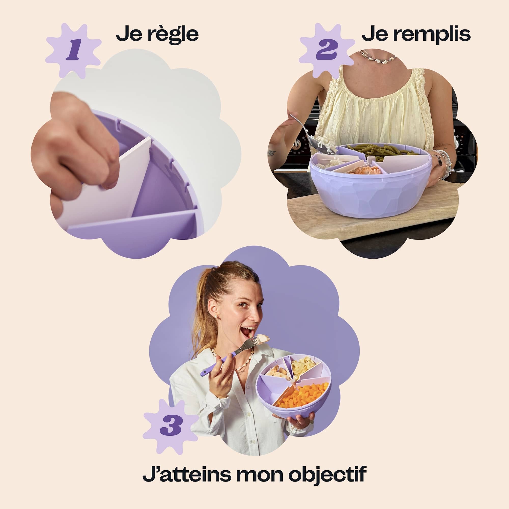 Les simples étapes pour utiliser le bol maju noir : régler son bol, le remplir, et c'est tout. 



